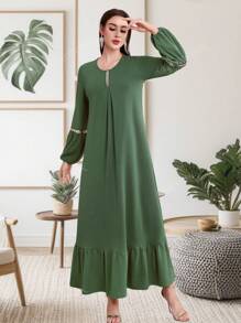 Spring & Summer Clothes Women Sparkly Patchwork Lantern Sleeve Clothing New Long Sleeved Women's Skirt Solid Color Long Skirt Kaftan Ladies Loose Ruffle Trim Decorated Elegant Maxi Dress
