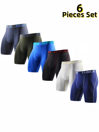 6pcs Men Solid Color Long Style Underwear, Colorful Waistband Contrast Color Simple Versatile Sports Anti-Chafe Running Boxer Briefs, Comfortable