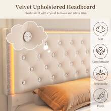 SIBEDS Queen Upholstered RGB LED Platform Bed Frame With Storage Drawers, Crystal Tufted Headboard, Velvet Cream - Kem nhung - Xem 6