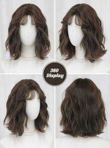 NAMM 棕褐色短款假发，女士合成波浪卷发波波头假发，带刘海，耐热纤维，外观自然，适合女孩日常派对佩戴，14英寸 - 棕色 - 查看 5