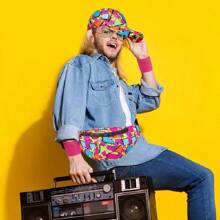 Set de 5 piezas de accesorios de disfraz de hip hop de los 80s y 90s que incluye: radio de boombox inflable, collar, teléfono, gafas de sol y sombrero tipo cubo. Además, un sombrero de cubo reversible de estilo retro de los 80s y 90s para fiestas con temática disco, disfraces, carnavales y Halloween. - Multicolor - Ver 11