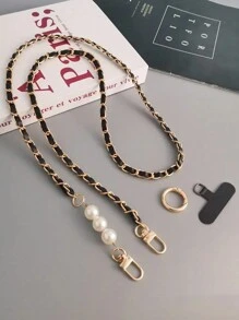 1pc Long Faux Pearl With Leather Crossbody Mobile Phone Chain, Metal Chain Lanyard Gifts For Mother, Family, Friends, Birthday, Holiday Phone Charm - Black - View 10