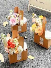 10pcs Rectangular Flower Packaging Bag, Gift Bag, Bouquet With Handle Kraft Paper Bag, Brown Flower Packaging Box, Suitable For Valentine's Day, Mother's Day, Wedding Party Decoration, Suitable For Florist - Brown - View 1