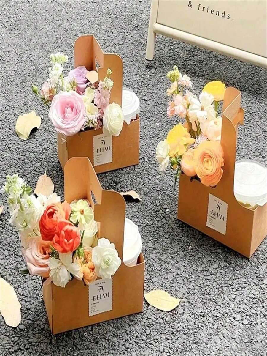 10pcs Rectangular Flower Packaging Bag, Gift Bag, Bouquet With Handle Kraft Paper Bag, Brown Flower Packaging Box, Suitable For Valentine's Day, Mother's Day, Wedding Party Decoration, Suitable For Florist - Brown - View 1