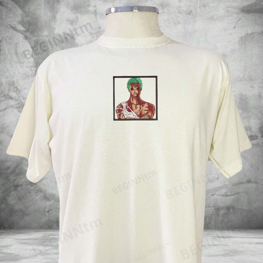 Roronoa Zoro Embroidered Anime T-Shirt Unisex 100% Cotton Geek Blouse - Rượu sâm banh - Xem 1