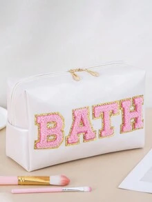 1 Piece//2pcs/4pcs Waterproof Cute Women Makeup Bag For Teen Girls Preppy Chenille Letter Patches SKIN HAIR FACE BATH STUFF Travel Cosmetic Pouch Skincare Face Initial Cosmetic Bag Toieltry Bag Hair Products Stuff Pouch - Beige - View 14