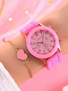 5pcs Cute Silicone Quartz Girl Watch, Necklace, Bracelet, Earrings Jewelry Set, Gift For Girls, Halloween, Christmas, Carnival, School Life - Pink - View 2