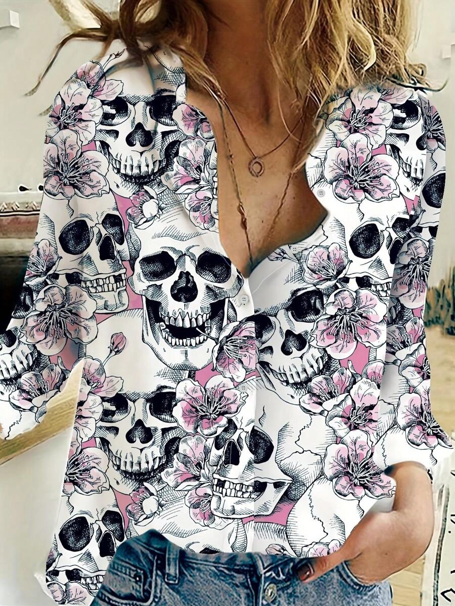 New Stylish Plus Size Women Skull Pattern Long Sleeve Shirt - Multicolor - View 1