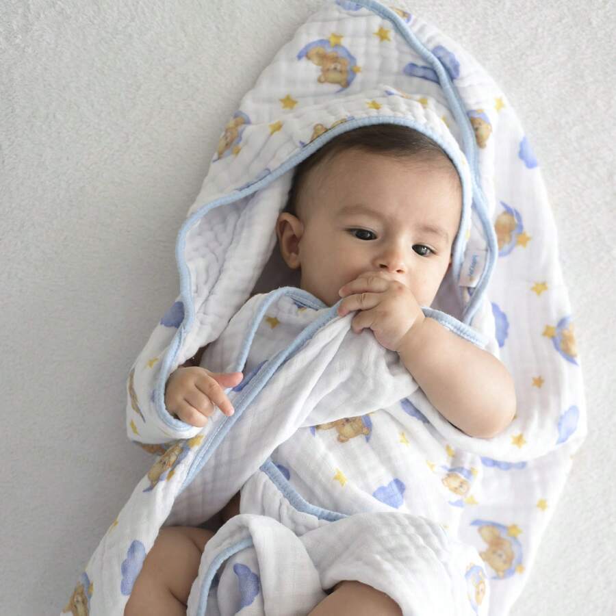Soft Baby Bath Towel With 3 Diaper Layers Baby Joy - 淺藍色 - 查看 1