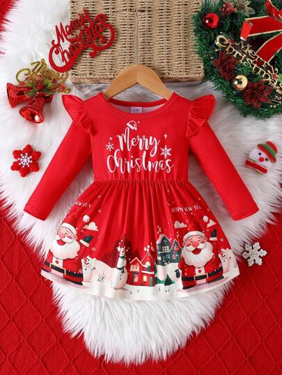 Weihnachten Kleid für Baby Mädchen mit rundem Ausschnitt, süßen Rüschenverzierungen, Allover-Muster mit Weihnachtsmann, Langarm