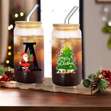 1 chiếc cốc thủy tinh mờ 16oz dùng cho Giáng sinh có in chữ 3D, nắp tre và ống hút, thích hợp đựng đồ uống đá, cà phê đá, quà tặng Giáng sinh cho gia đình và bạn bè - Nhiều màu - Xem 2