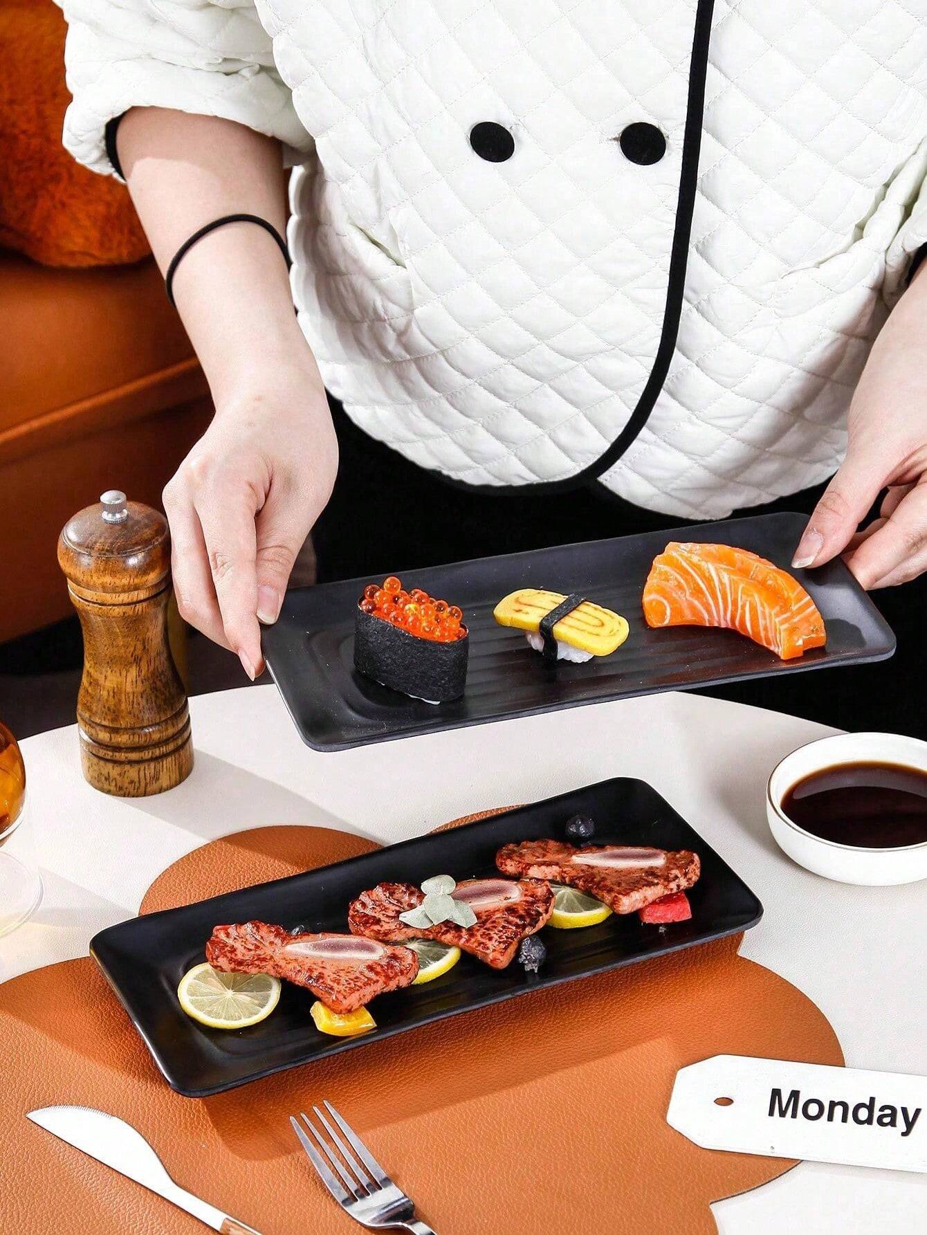 1pc New Matte Melamine Tray, Rectangular Sushi Plate, Plastic Tray, Black, Suitable For Tea Sets