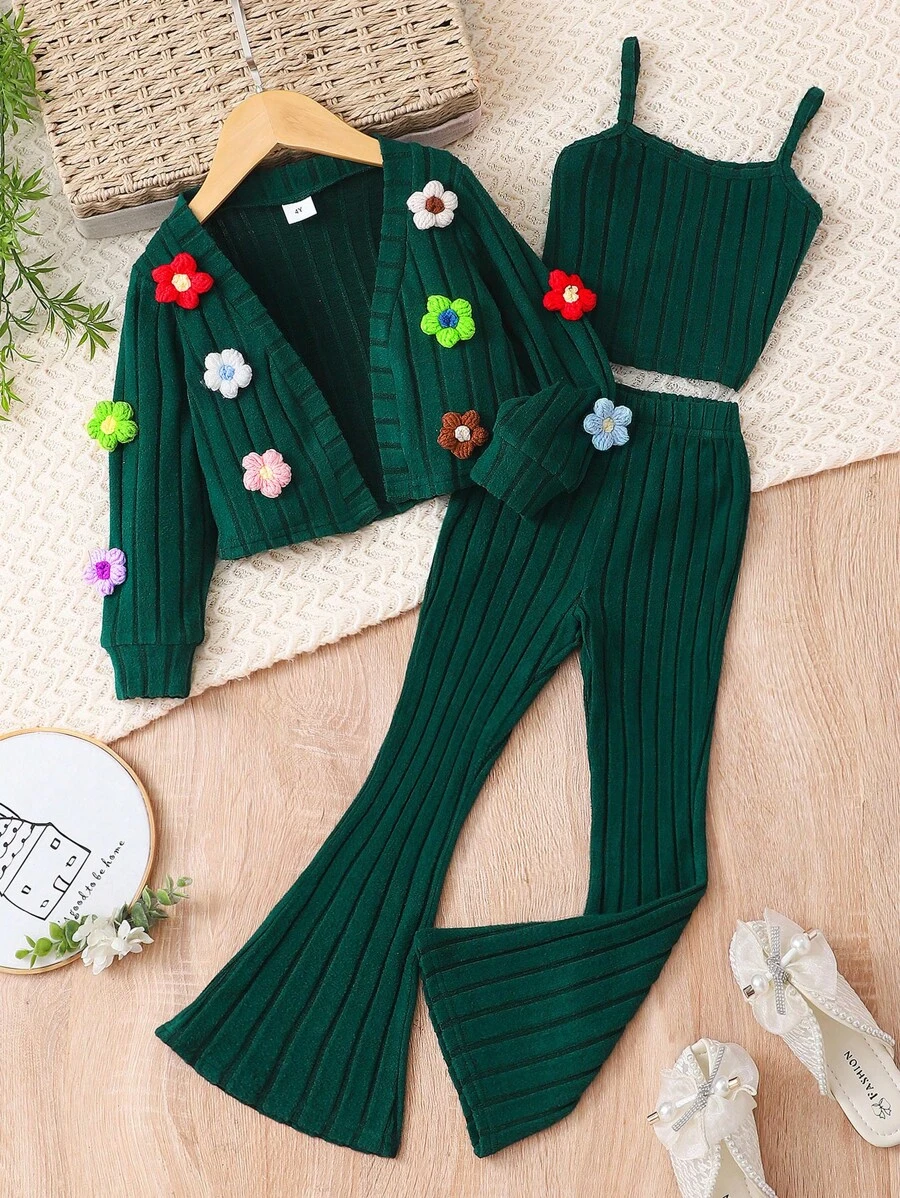 3pcs/Set Young Girl Solid Ribbed Camisole Top, Flared Pants, Long Sleeve Floral Cardigan Set - Dark Green - View 1