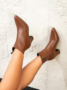 女士时尚粗跟靴，百搭拉链开合优雅尖头性感派对踝靴，秋季 - 棕色 - 查看 3