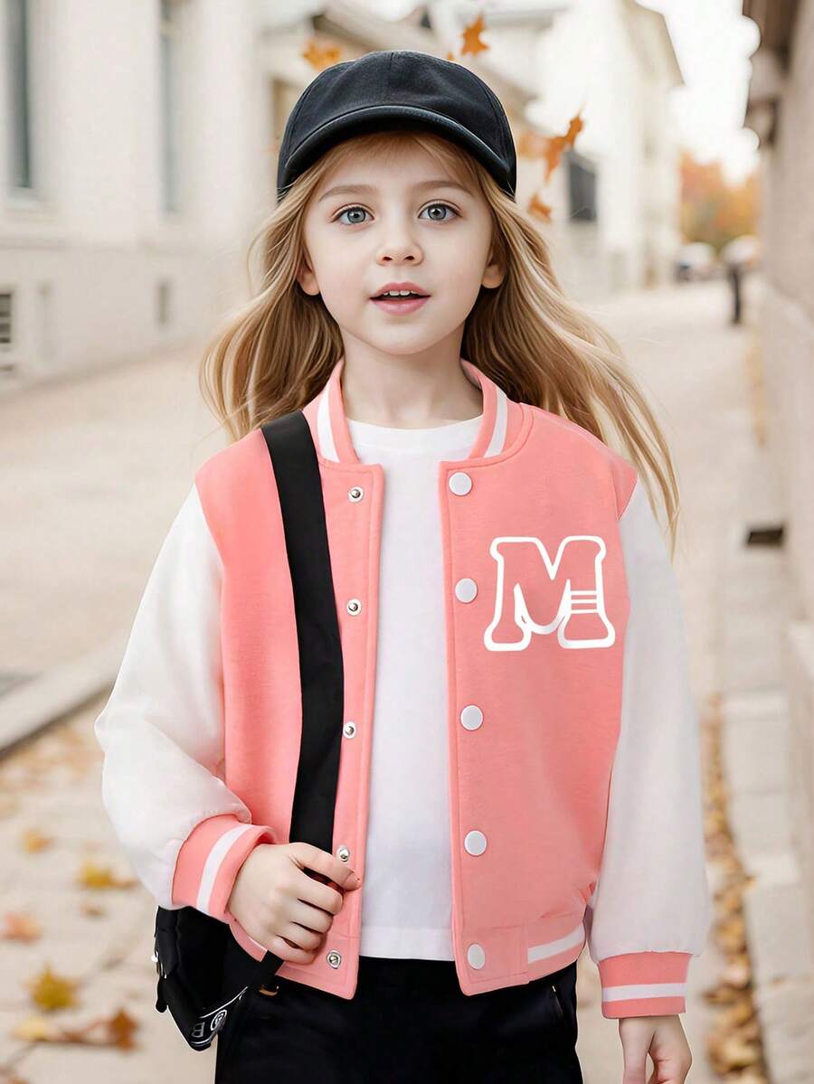 Tween 女童字母印花拼色休闲校园夹克，春秋季