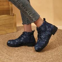 女士中筒靴，复古英伦风，休闲工装靴，黑色，秋冬 - 藏蓝色 - 查看 4