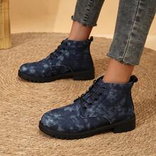 女士中筒靴，复古英伦风，休闲工装靴，黑色，秋冬 - 藏蓝色 - 查看 3