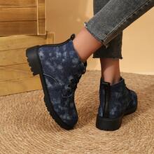 女士中筒靴，复古英伦风，休闲工装靴，黑色，秋冬 - 藏蓝色 - 查看 6