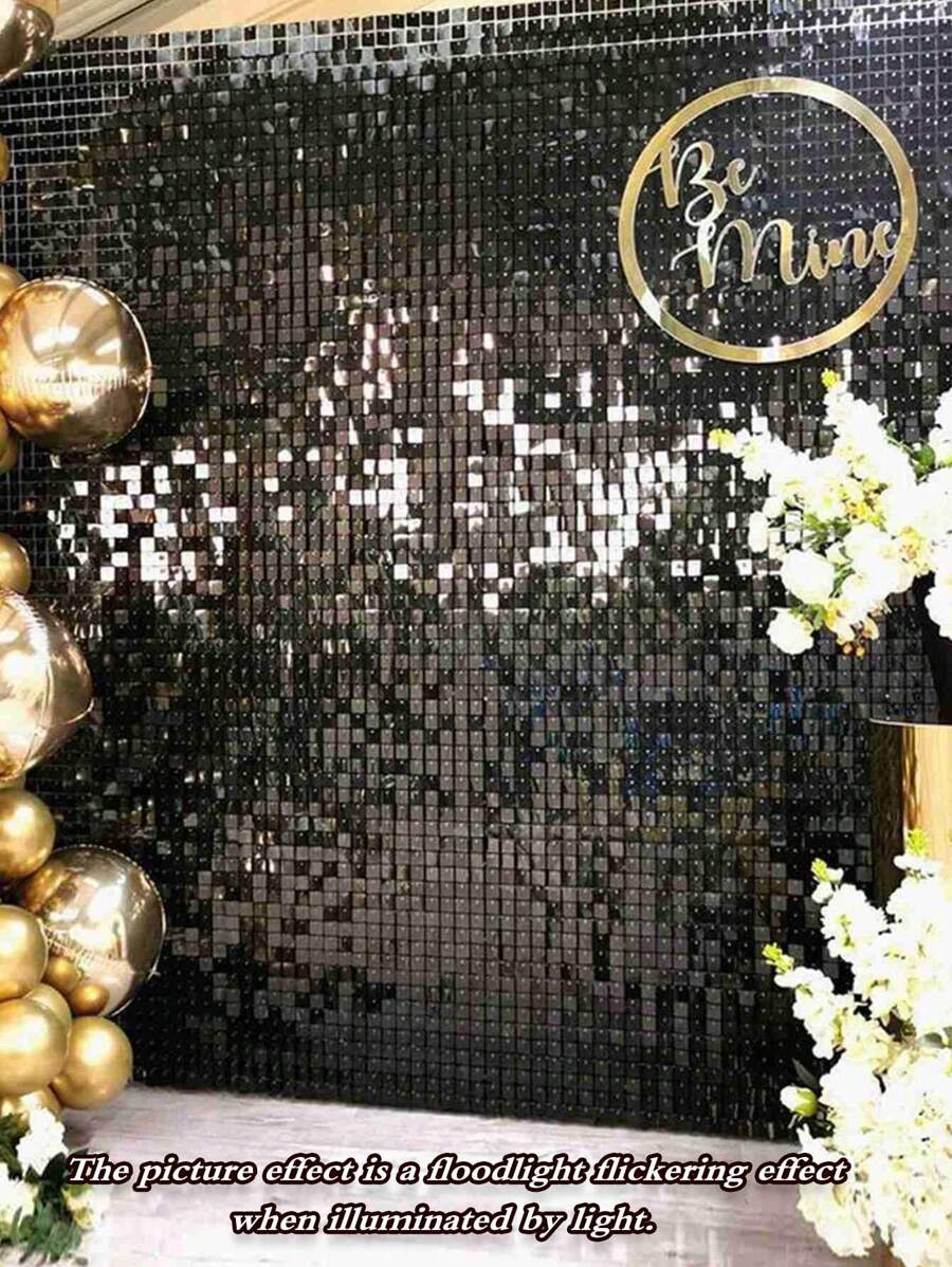 2 piezas/Paquete Cortina con fondo sólido metálico de 100cm x 200cm, Cortina cuadrada metálica dorada con borlas de plástico para decoración de fondo de cumpleaños, boda, graduación, fiesta festiva - Negro - Ver 1