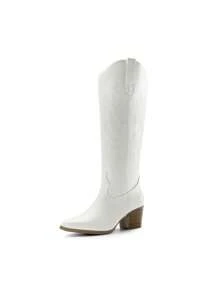 Embroidered Western Boots For Women Comfortable Chunky Heel Pull On Zipper Pointed Toe Knee High Boots Vintage Cowgirl Cowboy Ridding Vacation Boots - 白色-PU - 查看 5
