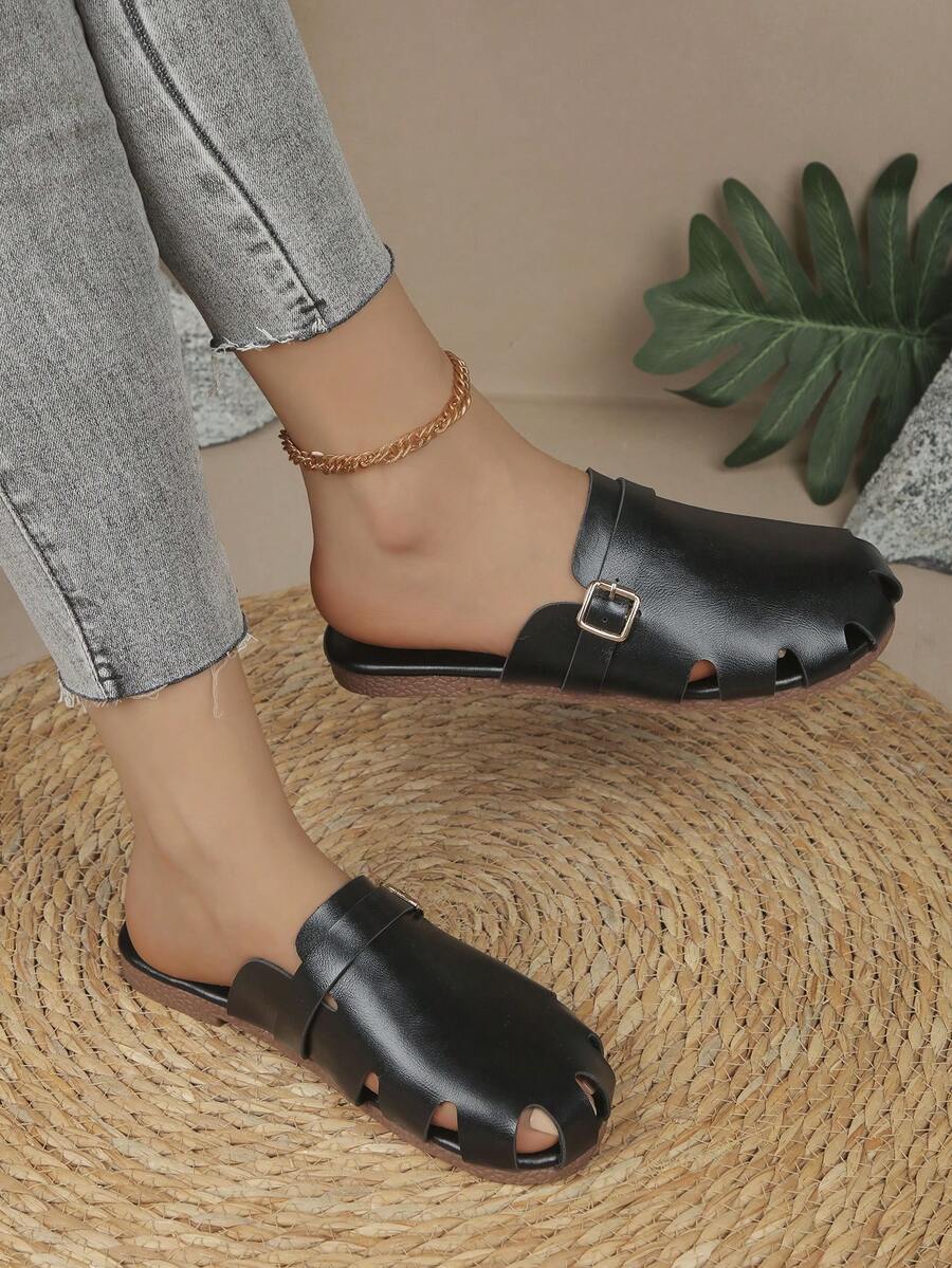 Large Size European & American Style Black Closed Toe SlipOn Sandals