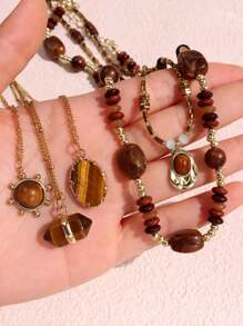 1 件棕色虎眼天然石吊坠项链，复古优雅手工串珠项链，女士秋季珠宝