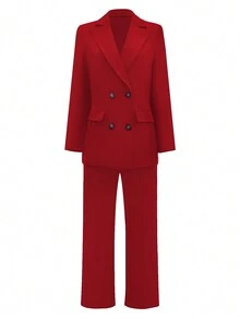 Women Office Lady Elegant Casual Blazer Jacket And Straight Leg Pants Suit Set, Autumn/Winter, Chrisimas & New Year Eve Party Outfit Valentine's Day, With Shoulder Pad - Red - View 4