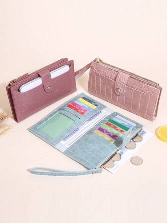 Portafoglio lungo bifold semplice con tasca per telefono e slot per carte di credito, portamonete in pelle sintetica con cerniera, sottile e leggero, tasca per contanti, ID e carte di credito, portafoglio corto pieghevole, piccola pochette, regalo per compleanni, anniversari, Natale, San Valentino, coppie, donne, ragazze, studenti universitari e delle scuole