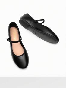 Women's Ballet Mary Jane Flats Buckle Strap Round Toe Leather Slip-On Comfortable Versatile Shoes - 黑色/PU - 查看 5