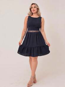 Plain Short Dune Dress With Waist Detail - 藏蓝色 - 查看 5
