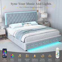 SIBEDS Queen Upholstered RGB LED Platform Bed Frame With Storage Drawers, Crystal Tufted Headboard, Velvet Gray - 絲絨灰 - 查看 3