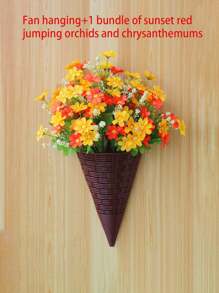 1 pieza Cesta colgante de flores artificiales en forma de abanico, macetero de pared de ratán triangular, canasta colgante de decoración interior para arreglo floral