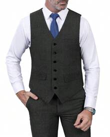 Mens Herringbone Tweed Suit 3 Piece Suit Two Buttons Wool Suits 1920's Themed Wedding Suit Prom Tuxedos Blazer Dress Formal Business Party Jacket Vest Waistcoat For Groom - màu đen - Xem 4
