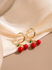1 对时尚精致新潮可爱樱桃吊坠耳环，日常搭配红樱桃环状耳环，新品