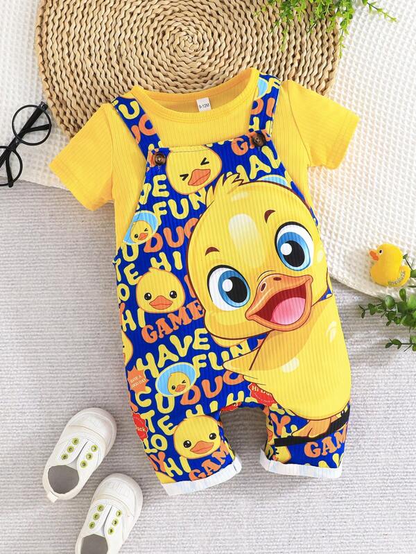 2pcs Baby Boy Ribbed Casual Outfit Set: Solid Color Short Sleeve Shirt And Cute Duck Strap Pants, Summer