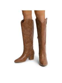 Embroidered Western Boots For Women Comfortable Chunky Heel Pull On Zipper Pointed Toe Knee High Boots Vintage Cowgirl Cowboy Ridding Vacation Boots - màu nâu - Xem 7