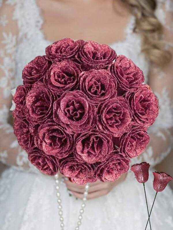 12Pcs/Set Or 6Pcs/Pack 2.76in/7cm Glitter Roses Bouquet, DIY Fake Glitter Flowers Bouquet, Rose Red Plastic Faux Flower, Artificial Rose Flower, Everlasting Shiny Artificial Rose Bouquet For Anniversary, Engagement, Wedding Gift, Home Decor, Office Kitchen Decor, Party Decor, Room Decor Stuff, Valentine's Day Decor, Mother's Day Decor, Valentine Day, Gift Gifts Birthday Graduation