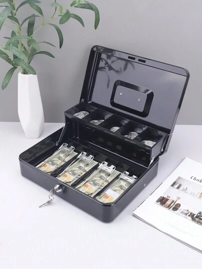 1pc Cash Box With Lock, Metal Cash Register Box With Coin Tray And Banknote Holder - Portable Cash Box For Retail Stores, Supermarkets And Convenience Stores - Large Size, Two Colors Optional, Gifts For Friends