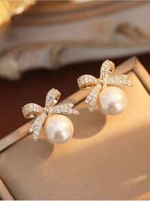 1 Pair Classic Exquisite Bow-Knot Crystal Faux Pearl Stud Earrings, Chic & Elegant Design Valentines,Mom,Mother,Mother's Day,Gift
