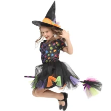 Children's Youth Luxury Halloween Party Fancy Dress Witch Colorful + Hat - Black - View 2