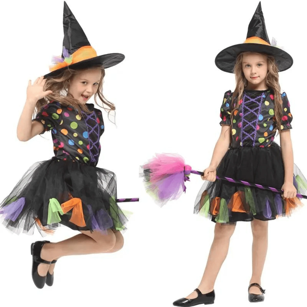 Children's Youth Luxury Halloween Party Fancy Dress Witch Colorful + Hat - Black - View 1