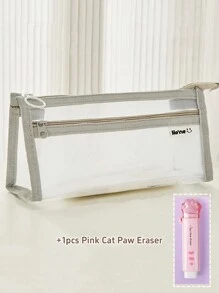 透明網紗筆袋筆盒雙層紗布收納小袋適用於文具辦公室學校 - 灰色 - 查看 14