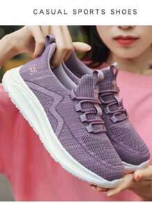 Zapatos de tenis informales y cómodos de suela gruesa para mujer, para correr zapatos de malla transpirable, para caminar adecuados zapatos para trotar, casuales deportivos zapatos para mujer, de diseño hueco deportivos zapatos de malla, transpirables, modernos, resistentes al desgaste, livianos, cómodos y suaves, deportivos calzado modernos, livianos e informales, transpirable, resistente al desgaste y antideslizante, con cojín de aire suela gruesa y altura ajustable con cordones, adecuado para correr, ir de compras, caminar, entrenar y trabajar al aire libre - Lila Púrpura - Ver 4