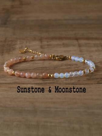 gxtbw Pulsera con cuentas de piedras preciosas Luna arcoíris y piedra solar - Joyería de piedras preciosas artesanal para mujeres, con piedras naturales de luna arcoíris y piedra solar, hebilla ajustable de acero inoxidable y diseño elegante - Perfecta para uso diario o como regalo