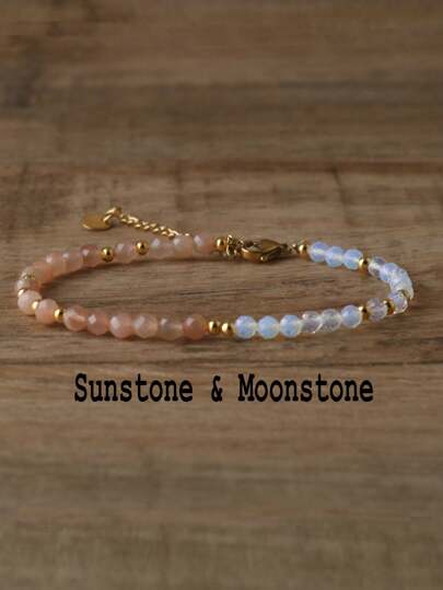 gxtbw 令人惊叹的彩虹月光石和太阳石串珠手链 - 手工制作的女性宝石首饰，采用天然月光石和太阳石宝石，可调节不锈钢扣延长链，设计优雅 - 非常适合日常佩戴或作为礼物