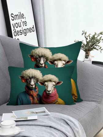 Unique Sheep Print Cushion Cover, Home Decorative, Strange Sheep Pillow Case, 45*45cm Square/30*50cm Rectangle, Fashion Sofa Bed Decor For Fall & Winter