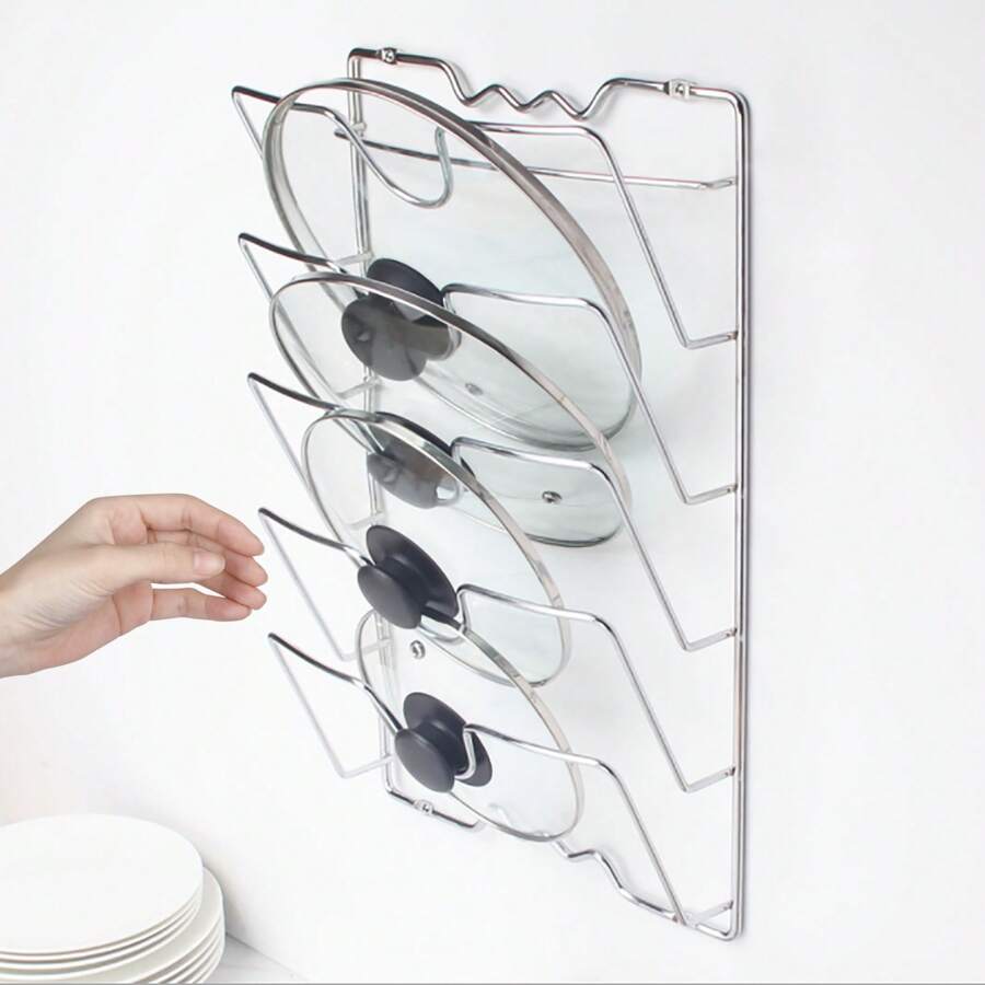 vertikaler Topfdeckelhalter 5 Lagen Praktische Küchenpfanne Vertikaler Deckelhalter Wandhal für Schrank Küche Topfdeckel Halterung Pfanne Halter Rack - Silber - Übersicht 1