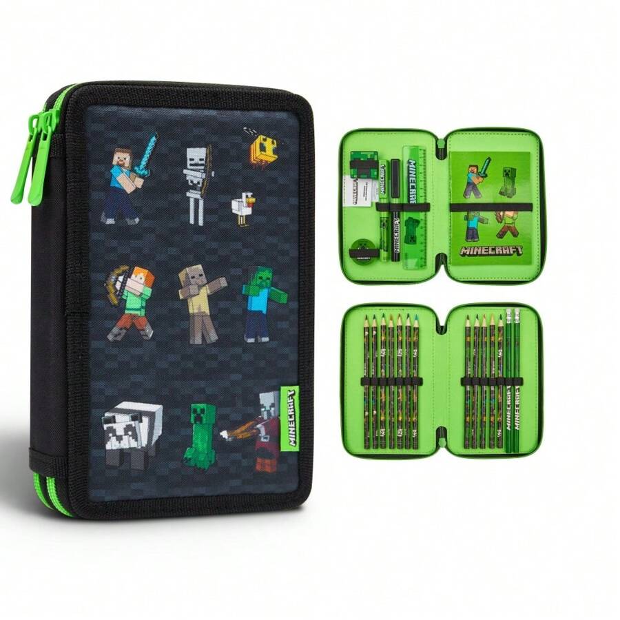 Minecraft Pencil Case Large Pencil Case 2 Compartment Filled With Supplies - Multicolor - View 1