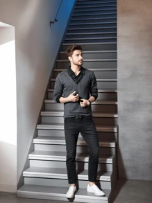 Camiseta De Hombre Con Cuello En V  Camisa De Hombre De Manga Larga Color Blocking - Gris - Ver 2