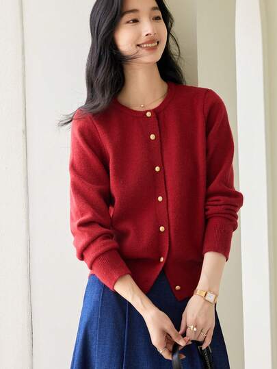 VICTORIA&VERA Women's Red French Romantic Crewneck Soft Viscose Knit Cardigan With Gold Buttons, Short Style, Autumn/Winter